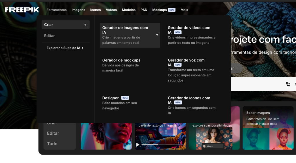 Acesso à ferramenta de geração de imagens por IA no Freepik.