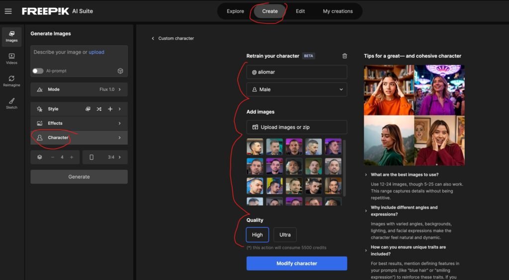 Configuração de personagem no Freepik com opções de gênero e qualidade.