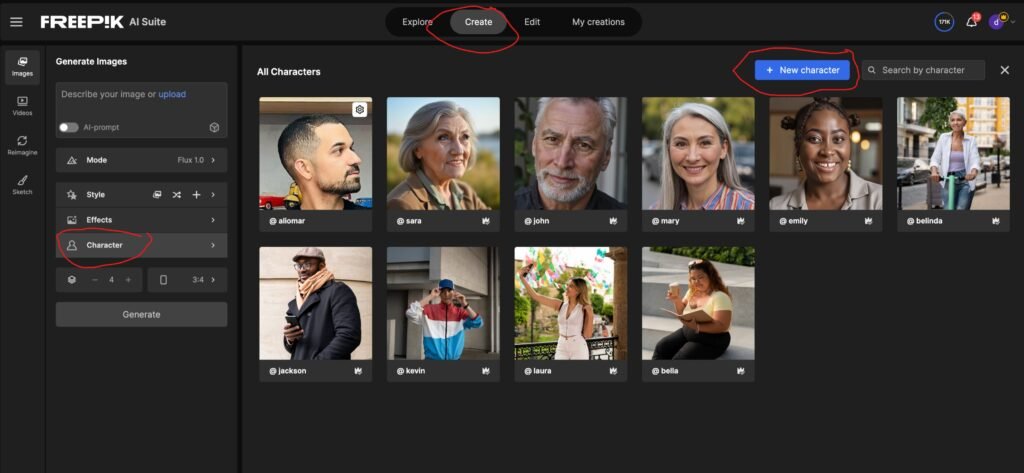 Criando um novo personagem no Freepik para personalizar imagens com fotografias de ia.
