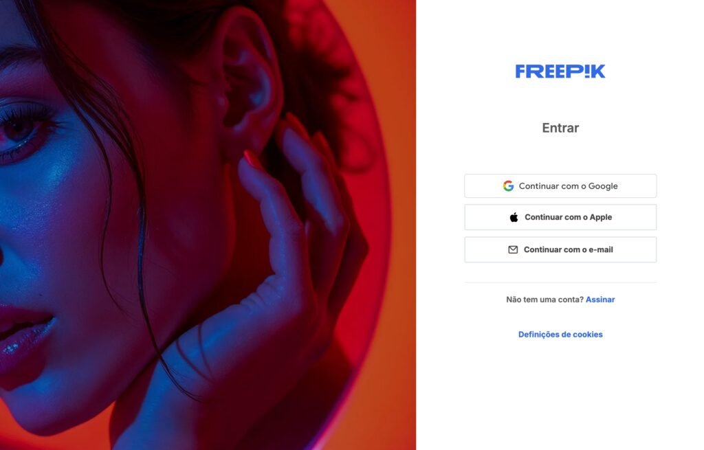 Página de login do Freepik com opções para criar uma conta ou entrar.