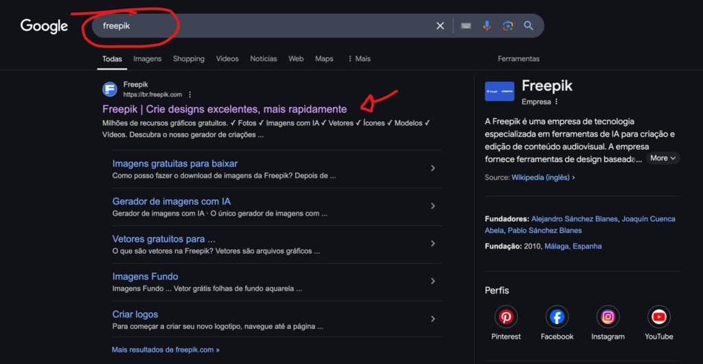 Pesquisa no Google pelo site Freepik para acessar a ferramenta de IA.