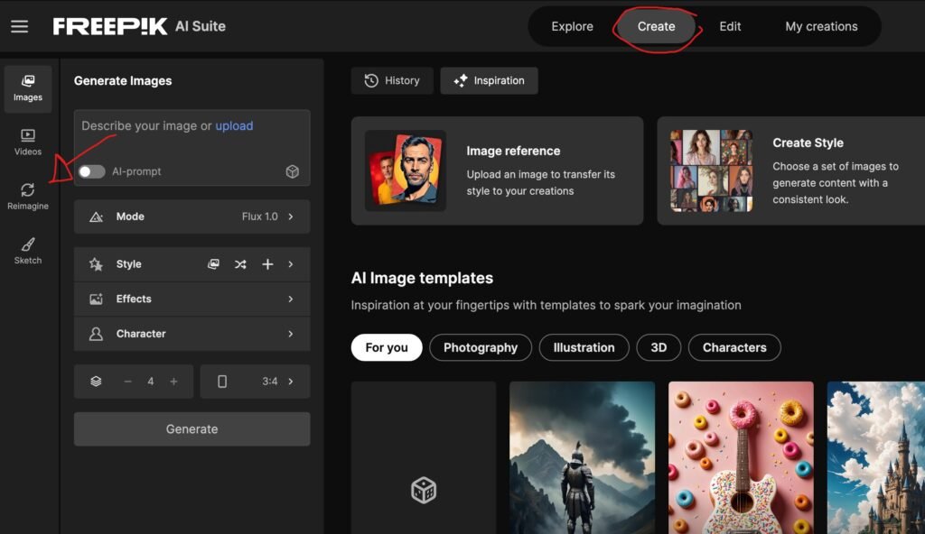Opção “Reimagine” do Freepik para transformar imagens com IA.