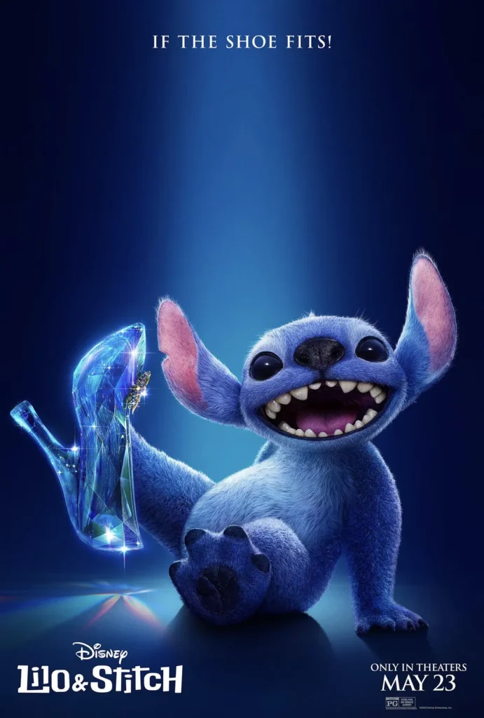 Stitch como Pocahontas olhando para o horizonte em pôster mashup.