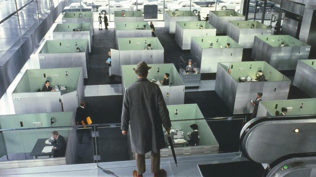 Playtime (1967), filme clássico do Jacques Tati, é uma das representações mais simbólicas dos escritórios modernistas como ambiciosos e impessoais