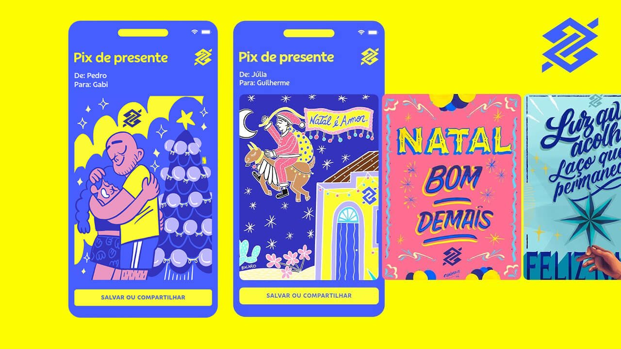 Ilustração de um presente digital com o logo do Pix e do Banco do Brasil.